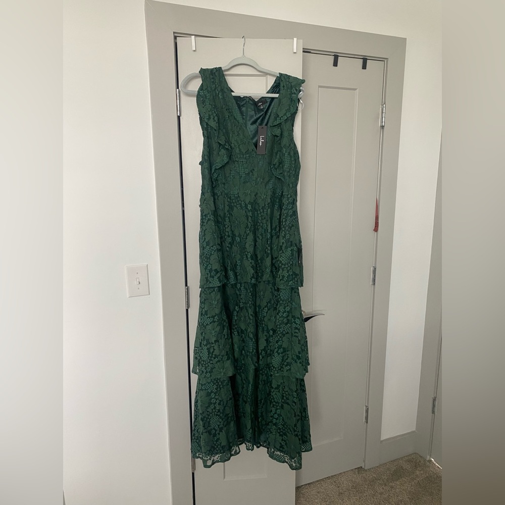NWT Molinetto Forest Green Lace Ruffled Tiered Sleeveless Maxi Dress